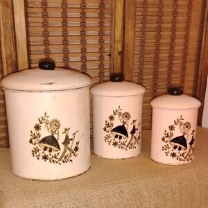 Vintage 1950s Pink Canister Set Of 3 Black Silhouette Folk Art Distressed**